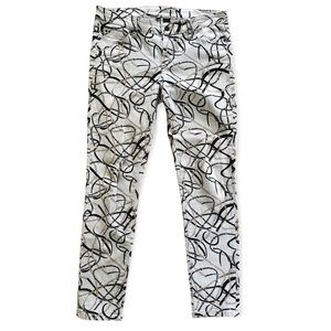 Bisou Bisou Novelty Print Trouser Cream Black Chain Accent Skinny Jeans Size 10